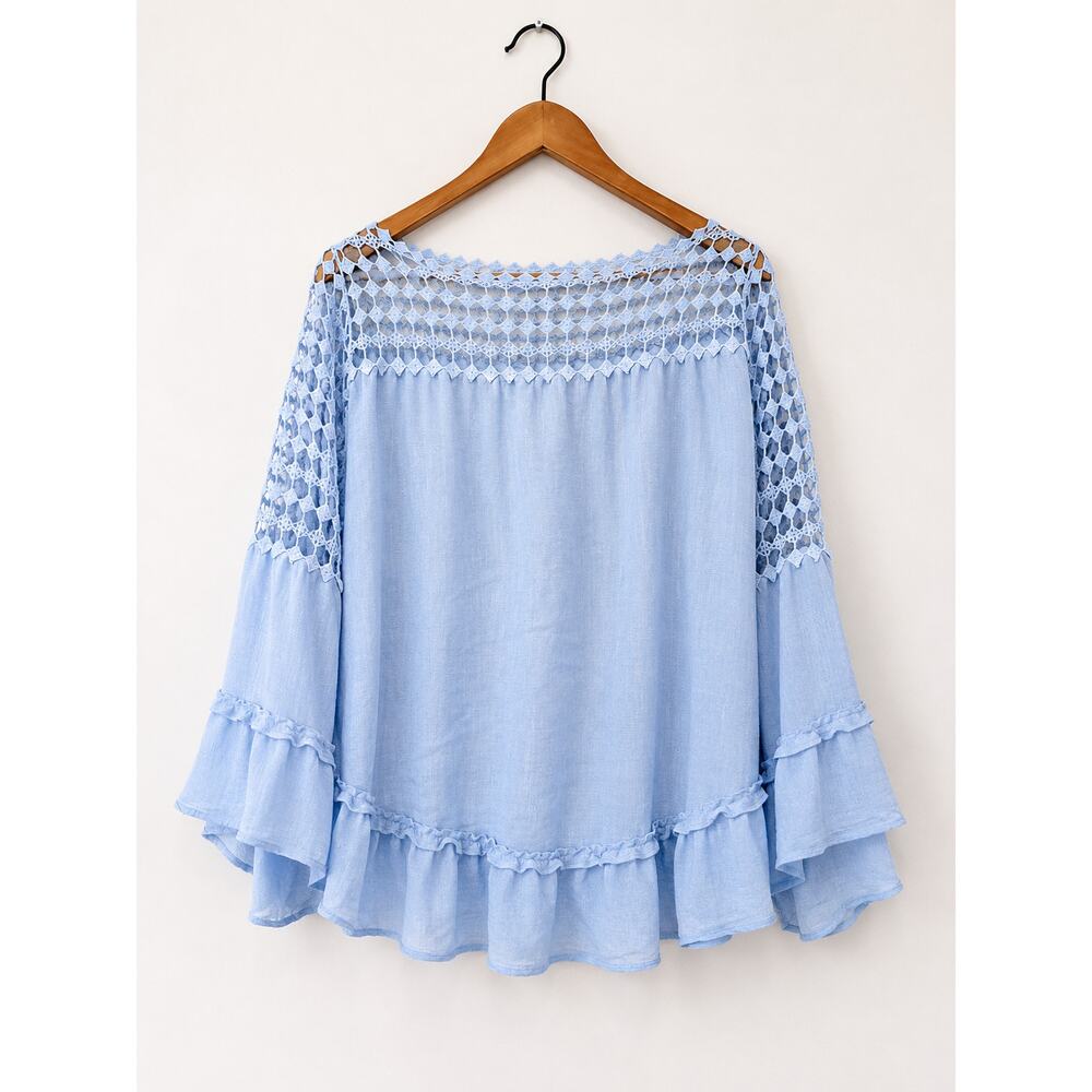 Zac & Rachel Blue Crochet Boho Blouse Size M Bell Sleeve Ruffle Top Cottagecore - Picture 2 of 6